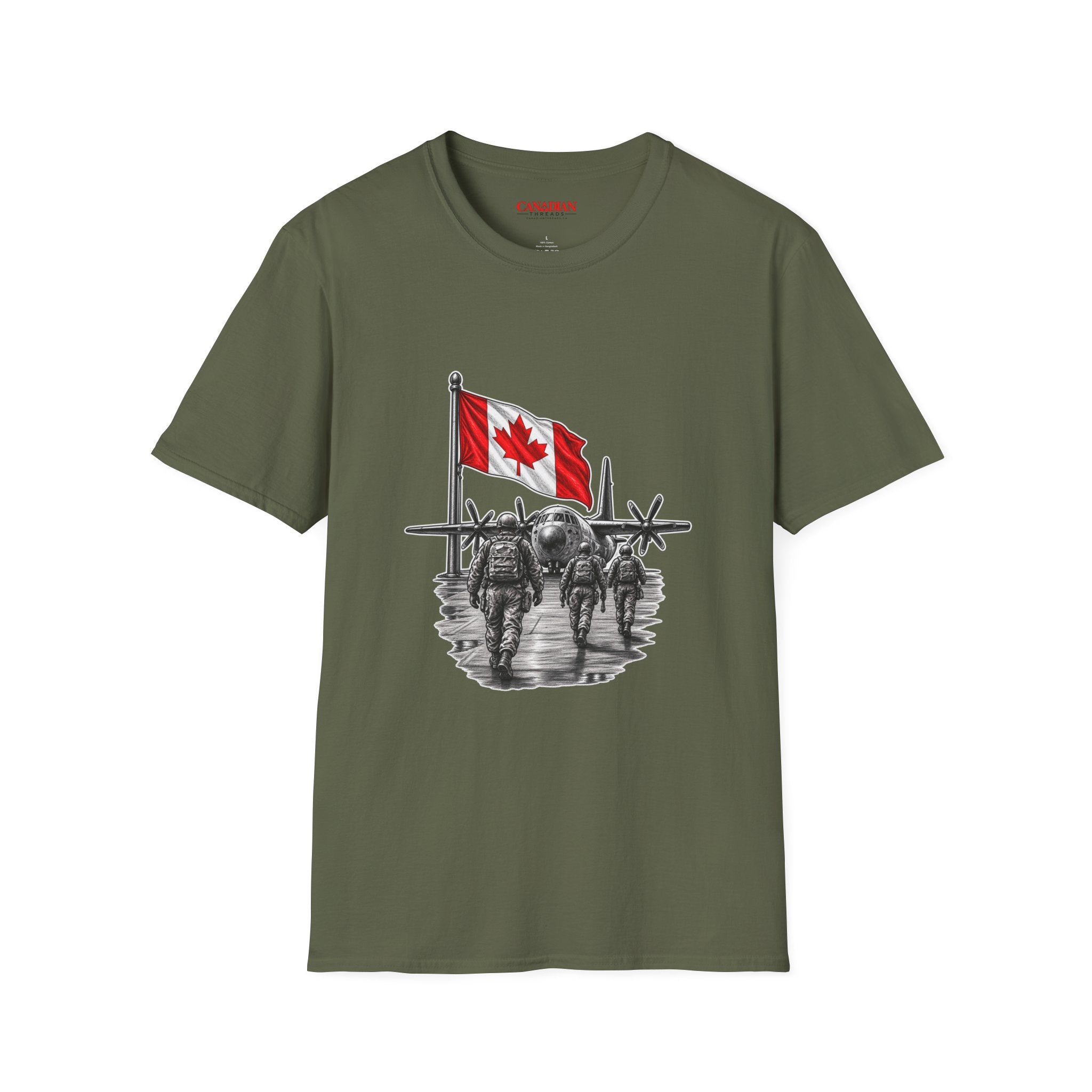 T-Shirt — Canadian Flag with Military Aircraft & Soldiers Graphic