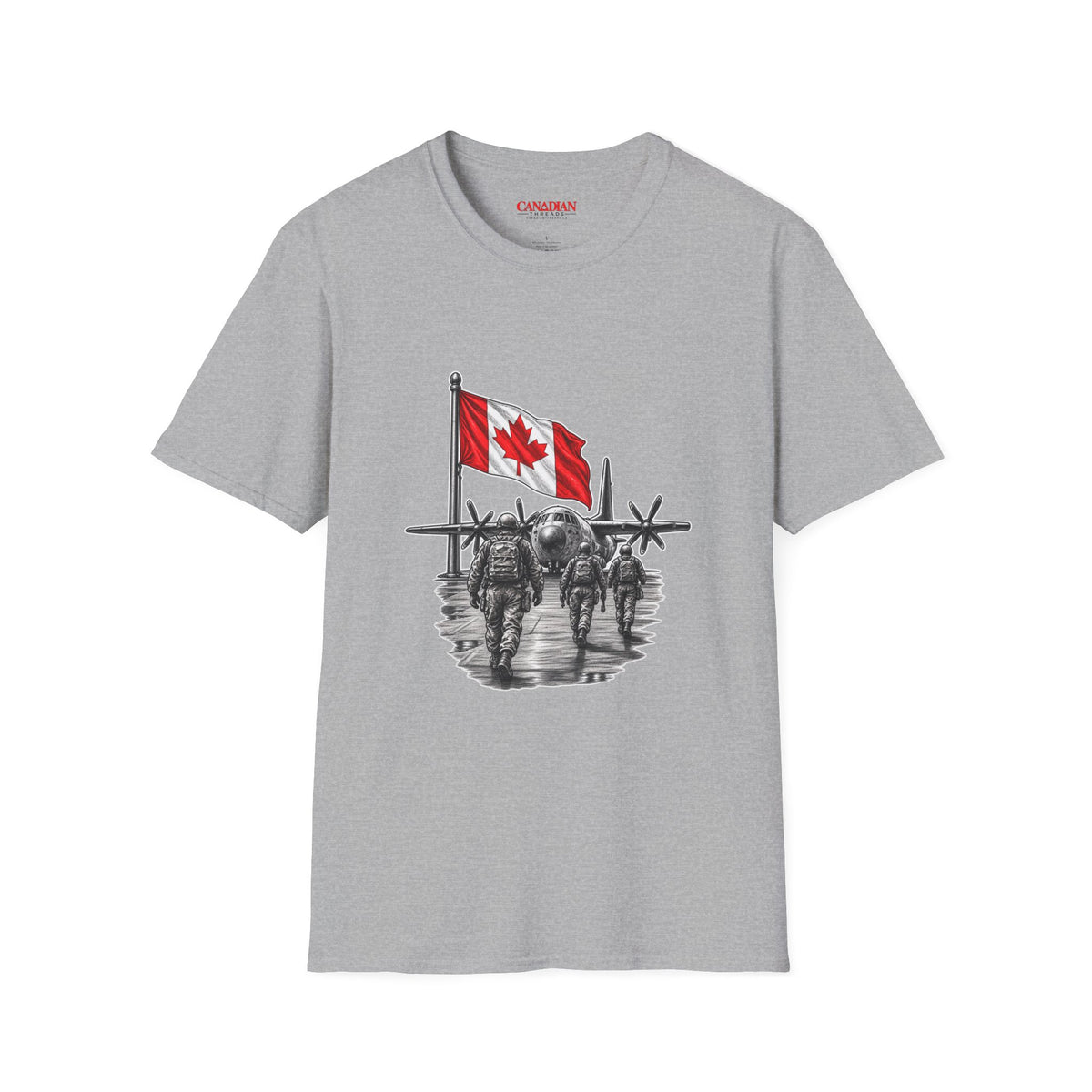 T-Shirt — Canadian Flag with Military Aircraft & Soldiers Graphic