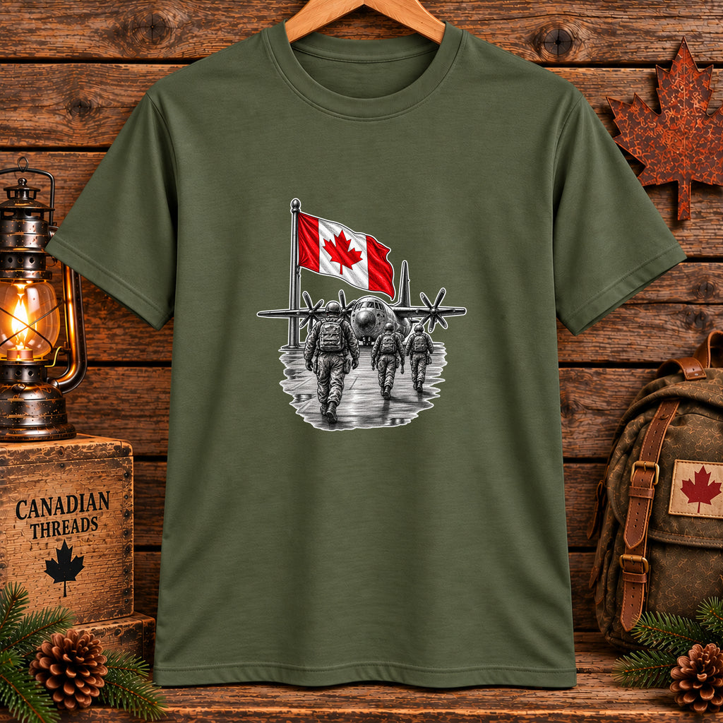 T-Shirt — Canadian Flag with Military Aircraft & Soldiers Graphic