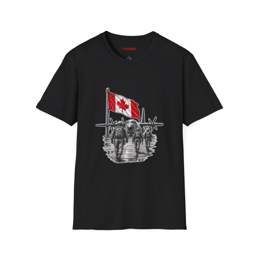 T-Shirt — Canadian Flag with Military Aircraft & Soldiers Graphic